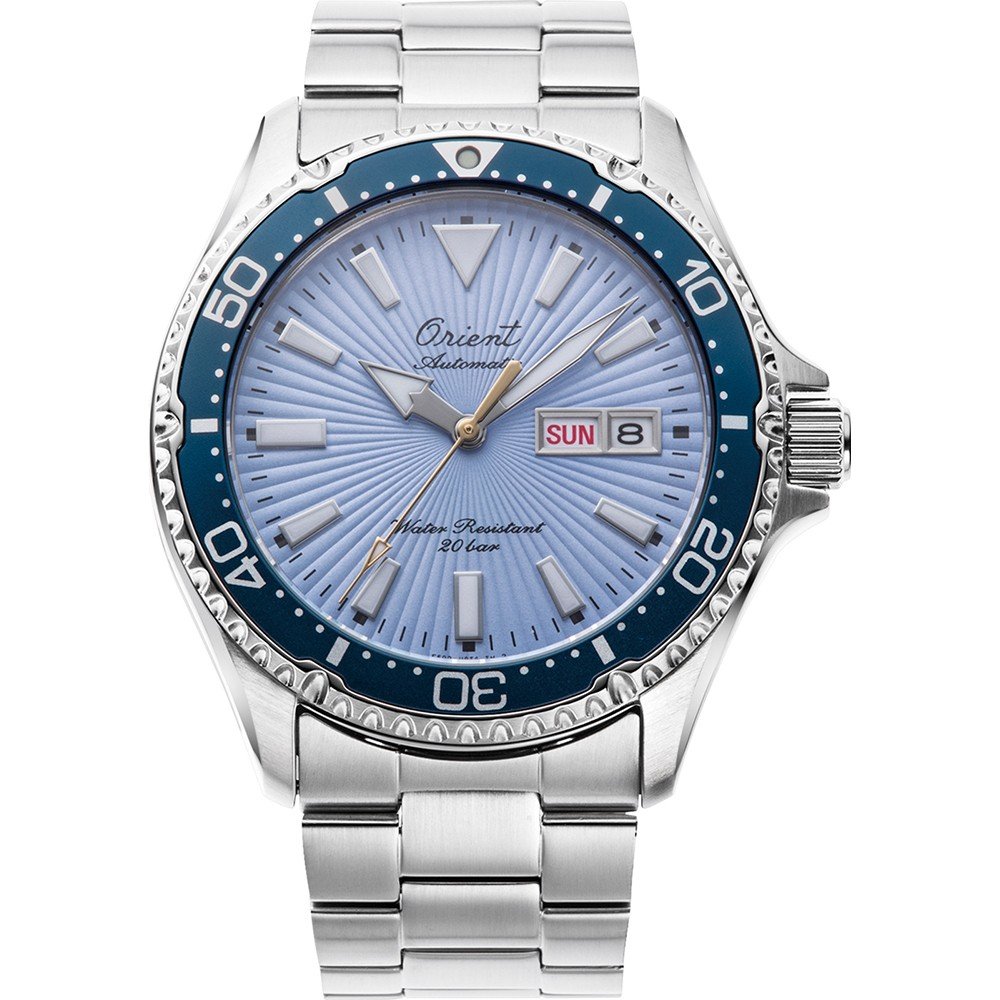 Orient Mako Solar Lichtblauwe wijzerplaat stalen armband herenhorloge